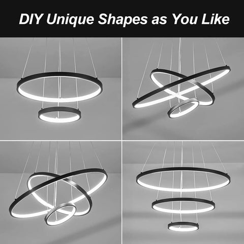 Three-Ring Black LED Chandelier For High Ceilings, 79 Inch Adjustable Hanging Light For Living Room, Foyer And Dining Room