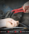 Red pinch clamp from Three Piece Hose Pinch Clamp Pliers Set holding hose, showcasing non-slip grip and insulated PA6 nylon material.