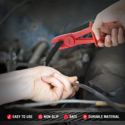 Red pinch clamp from Three Piece Hose Pinch Clamp Pliers Set holding hose, showcasing non-slip grip and insulated PA6 nylon material.