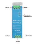 Industrial Power Supply NDR 120 24V 5A 120W Rail Mount Ready, AC Input 100 240V, Built For Heavy Duty Industrial Use and Stable Output That Keeps Your Rigs Running Smooth, front wiring view