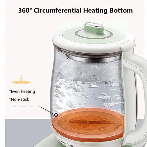 All In One Health Pot Electric Kettle With Infuser, Glass Kettle And Stew Pot, 16 Menu Boil Functions, 1.8L Capacity, 120V US Plug, Egg Rack For Five Eggs, Green with 360° heating bottom shown in detail
