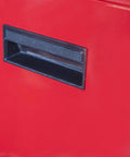 Close-up of red steel Rolling Garage Workshop Tool Organizer With Detachable Four Drawer Chest Large Storage Cabinet And Adjustable Shelves