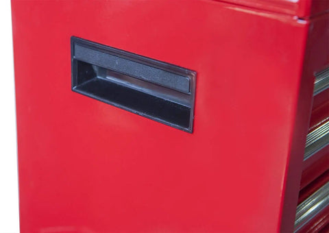 Close-up of red steel Rolling Garage Workshop Tool Organizer With Detachable Four Drawer Chest Large Storage Cabinet And Adjustable Shelves