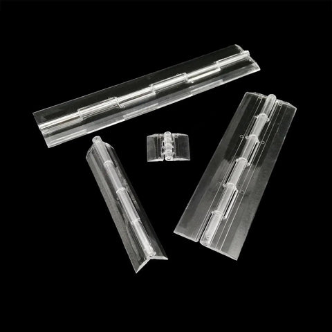 Ten Pcs Lengthened Clear Plexiglass Piano Hinge for Display Cabinets and Piano Lids arranged on a black background.