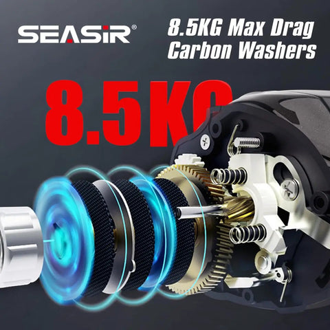 Close-up of DCast Baitcaster Reel With Digital Control System showing carbon fiber washers, grey and red finish, 8.5kg max drag.