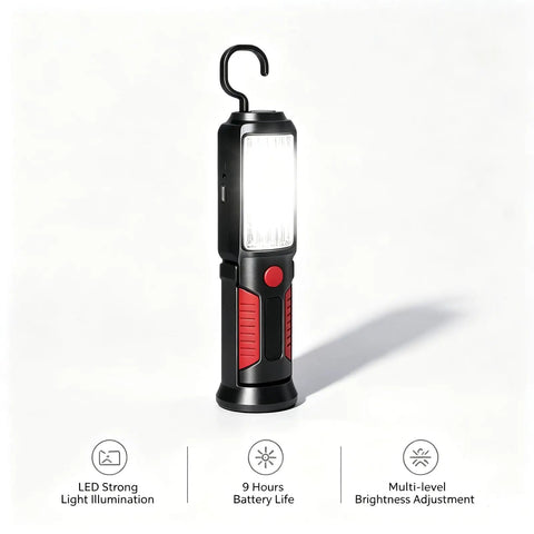 Go To Rechargeable LED Work Light With Magnetic Base And Hanging Hook Portable Waterproof All Purpose Flashlight in red with hook