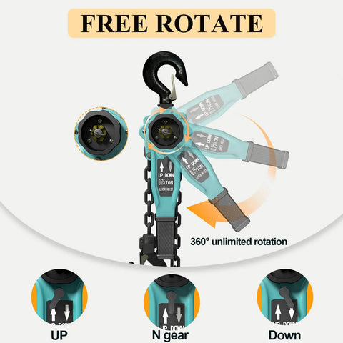 Lever Chain Hoist 1650 Lbs Capacity 5 Ft with 360° rotation feature and two heavy duty hooks for construction and garage projects