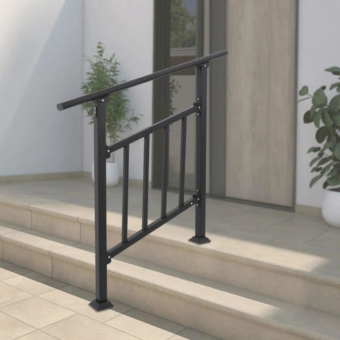 Heavy Duty Three Step Outdoor Steel Handrail Featuring Integrated Child Guard Panel And Weather Resistant Finish For Front Porch Stairs, black steel rail mounted on stone steps.