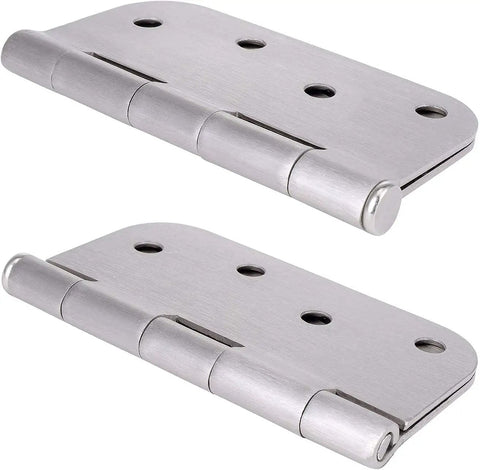 Close-up of satin nickel door hinges, part of 18 Pack 3.5 Inch Satin Nickel Door Hinges Reversible Five Eighths Radius For Exterior And Interior Doors Residential And Commercial Use Entryway Patio And More, showing hinge detailing.