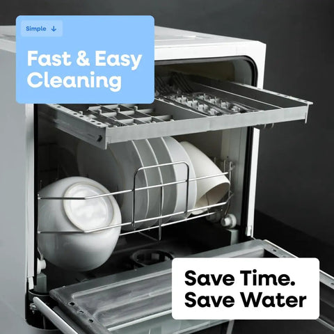 Interior view of Portable Countertop Dishwasher With Five Wash Programs And Straight Setup Faucet Hookup, showing clean plates.