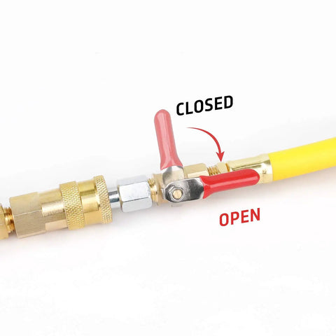 Close-up of 18 Piece Air Fittings Kit With Universal Quick Coupler And Ball Valve, showing brass valve attached to yellow hose.