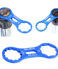 Pro Grade Aluminum Cap Removal And Installation Wrench For Front Fork Caps on black fork, 12T and 8T blue alloy spanner