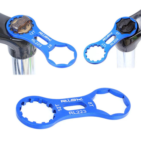 Pro Grade Aluminum Cap Removal And Installation Wrench For Front Fork Caps on black fork, 12T and 8T blue alloy spanner