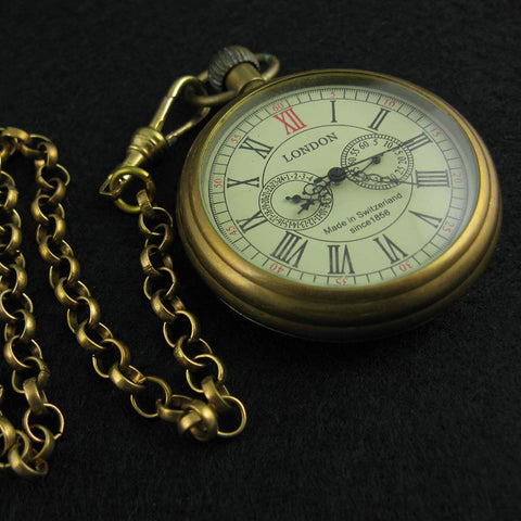 Vintage Copper Hand Wind Pocket Watch For Men With Second Hand And 24 Hour Sub Dials In Box Old School Mechanical Timepiece Gift For Dad Husband Boyfriend