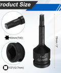 Five Piece One Half Inch Drive Torx Bit Sockets T40 Impact Six Point Star Sockets Cr-Mo Steel With Cotter Pin And O Ring For Power Drill Drivers Garage Workshop Adapter, showing size and dimensions.