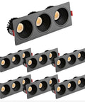 7-Pack LED Recessed 3-Head Spotlights Sleek Black Rectangle COB Downlights featuring smooth aluminum housing.