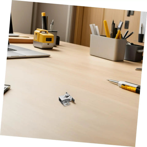 Heavy Duty Stainless Steel Cabinet Door Latch Set With Double Roller Catch Spring Loaded Cabinet Lock on wooden desk
