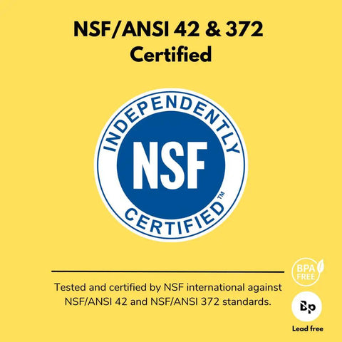 Certification badge indicating NSF/ANSI 42 & 372 standards for Pro Water Filter Replacement For Standard Pitchers And Dispensers NSF Certified 6 Count 1 Year Supply Fits Most Major Filter Systems And Replacements For Classic And Standard Size Pitchers.
