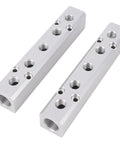 Two Five Way Seven Port Pneumatic Manifold Aluminum Alloy Air Distribution Blocks with visible NPT ports and sleek design.