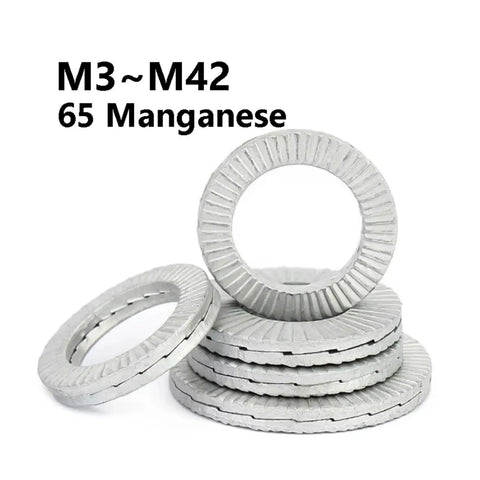 Premium Double Deck Wedge Lock Washers, M3~M42, 65 Manganese, designed to secure fasteners through heavy duty stress.