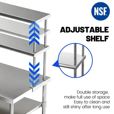 Double Overshelf Stainless Steel Shelf 12x72 Inch Two Tier Heavy Duty Storage Rack With Adjustable Upper And Lower Shelves For Kitchen Garage Workshop Bar Restaurant Laundry School, adjustable shelves