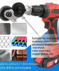 Drill Shears Attachment For Cutting 0.3 To 1.0 mm Metal Sheets Nibbler Drill Attachment Sheet Metal Cutter Tool shown with various metal types