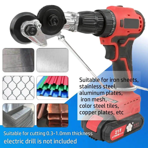 Drill Shears Attachment For Cutting 0.3 To 1.0 mm Metal Sheets Nibbler Drill Attachment Sheet Metal Cutter Tool shown with various metal types