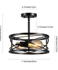 Farmhouse Dope Semi Flush Mount Ceiling Light Black Industrial Two Light Fixture With Metal Cage 11.8 Inch dimensions shown