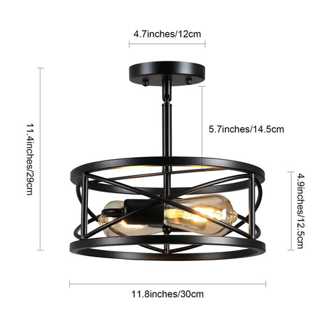 Farmhouse Dope Semi Flush Mount Ceiling Light Black Industrial Two Light Fixture With Metal Cage 11.8 Inch dimensions shown