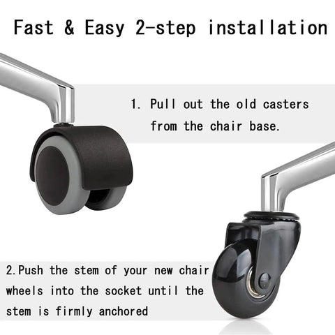 Installation guide for Heavy Duty Office Chair Casters Replacement Five Pack with smooth glide wheels and easy setup.