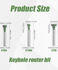 3 Piece Keyhole Router Bits With One Quarter Inch Shank For T Slot Cutting And Hex Bolt Mounting showing size dimensions.