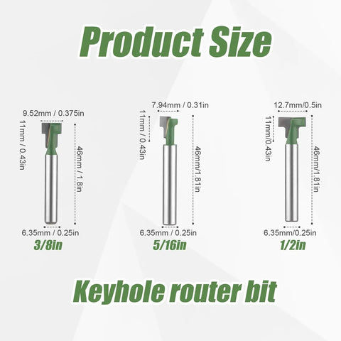 3 Piece Keyhole Router Bits With One Quarter Inch Shank For T Slot Cutting And Hex Bolt Mounting showing size dimensions.