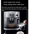 Front view of All In One Fully Automatic Coffee And Espresso Machine With Silent 13 Speed Grinder, showing milk frothing process
