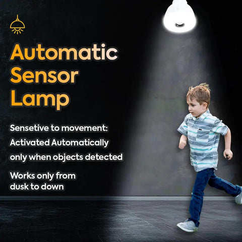 Hella Bright LED Motion And Light Sensor Lamp with child running under the light, showcasing flexible directional head, indoor use.