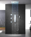 Super Slick Concealed Led Shower System Featuring Three Massive Side Beams And Five Plus One Spray Settings Paired With A Rock Solid Lead Free Basin Mixer above a modern bathroom with dark walls.