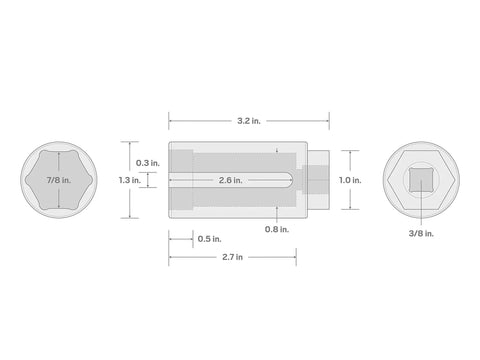 Technical diagram of 3/8 Inch Drive Oxygen Sensor Socket 7/8 Inch 6-Point With Side Cutout dimensions and design, top and side views.