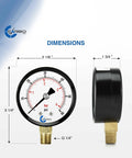 CARBO water pressure gauge, front and side views, white dial with dual display, brass 1/4 in NPT connection.