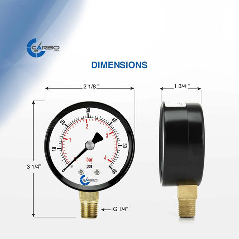 CARBO water pressure gauge, front and side views, white dial with dual display, brass 1/4 in NPT connection.