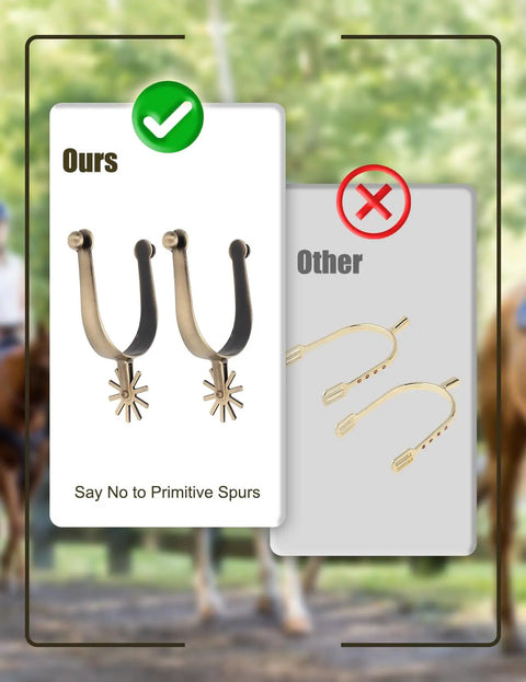 Old School Western Cowboy Spurs For Men With Rotating Rowels in Antique Gold compared with primitive spurs, zinc alloy, lightweight.