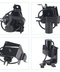 Electric vacuum pump assembly, black plastic housing with mounting bracket and hoses; four-view collage