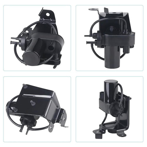 Electric vacuum pump assembly, black plastic housing with mounting bracket and hoses; four-view collage