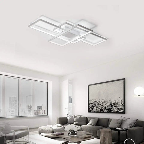 Three Square Geometric LED Ceiling Light Fixture, Modern Flush Mount 75W Cool White 6000K Acrylic Lamp in living room.