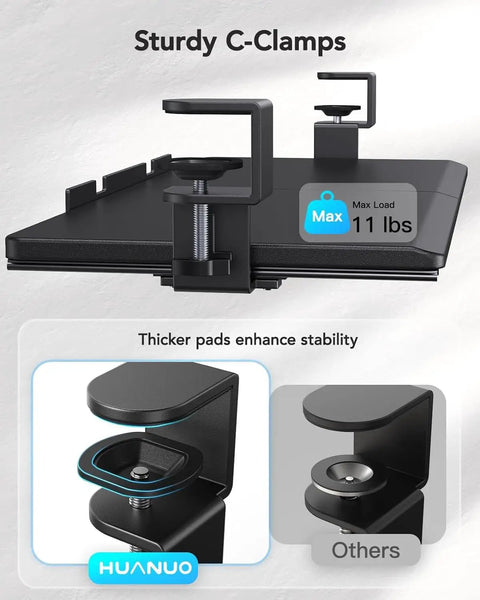 Under Desk Keyboard Tray With C Clamp Mount, 26.5 Inch Wide, showing sturdy C-clamps and 11 lb max load for home office setup