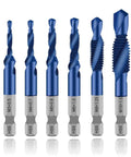 6 Piece Drill And Tap Bit Set With Nano Blue Coating For Quick Drilling Tapping Deburring And Countersinking In Metric Sizes M3 M4 M5 M6 M8 M10 With Hex Shank High Speed Steel Tough As Nails Finish For Metal Wood And Plastic