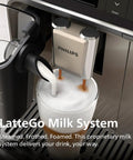 Top Shelf Fully Automatic Espresso Machine With Smart Touch Controls And Smooth Milk Frother For Dope Lattes Cappuccinos And Chill Weekend Iced Coffee Brews Tonight pouring milk into a glass with foam.