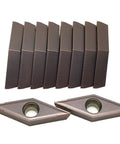 Premium Grade Carbide Turning Inserts 10 Pack For Metal Lathe CNC Machining High Wear Resistance VCMT160408 And VCMT160404 shapes shown.
