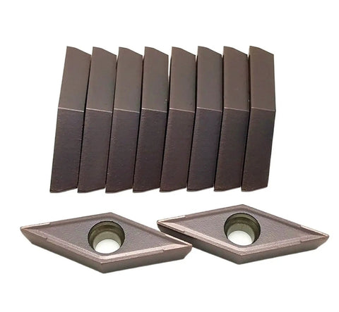 Premium Grade Carbide Turning Inserts 10 Pack For Metal Lathe CNC Machining High Wear Resistance VCMT160408 And VCMT160404 shapes shown.