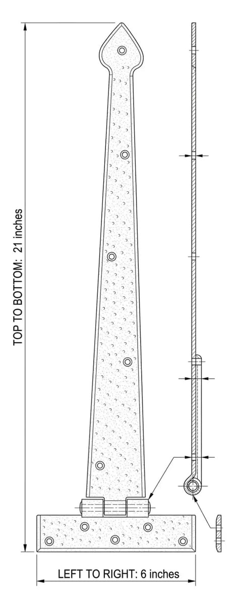 Pointed Arrow Decorative Iron Hinges For Barn Doors And Large Entryways Black Powder Coated Rust Proof Finish Heavy Duty Solid Construction Bad Ass Hardware No Nonsense Setup Smooth Glide Real Tough Set Of Two with measurements and design details.