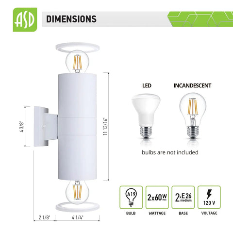 Round Outdoor Wall Cylinder Up And Down Light Fixture With 2x E26 Sockets 60W 120V White Finish ETL Listed Weatherproof Exterior Lighting Two Pack Built To Last dimensions and bulb types