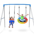 Backyard Heavy Duty A Frame Swing Set With 440 Lb Capacity 32 Inch Saucer Swing And High Back Toddler Bucket Seat Outdoor Kids Play Equipment For The Whole Crew Family Fun And Safe Backyard Play, featuring children enjoying swings.